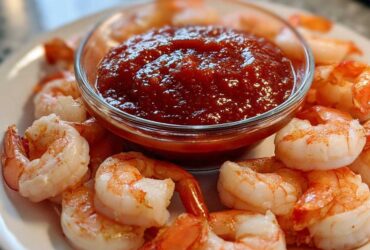 Close-up of cooked, chilled shrimp surrounding a small glass bowl of thick, red shrimp cocktail sauce.
