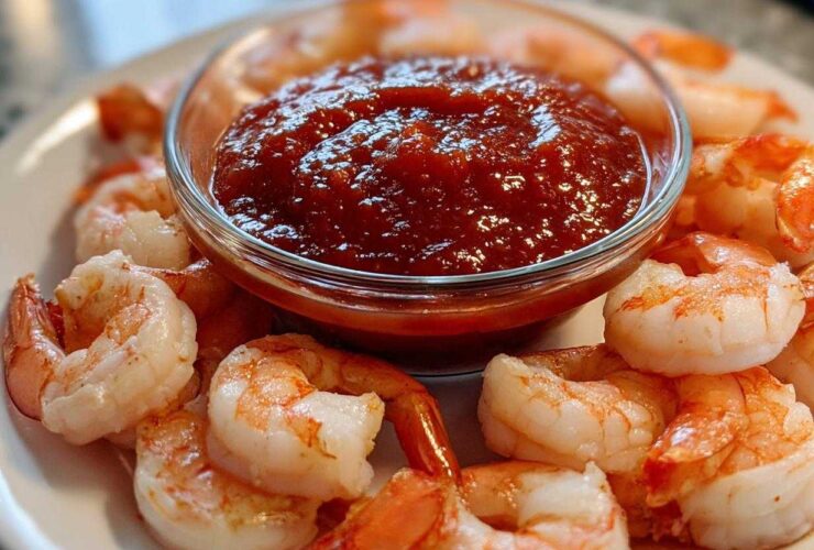 Close-up of cooked, chilled shrimp surrounding a small glass bowl of thick, red shrimp cocktail sauce.