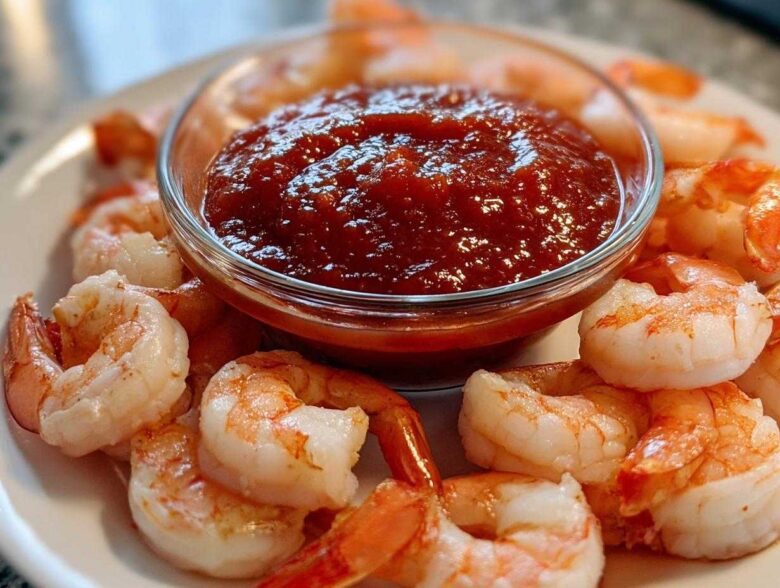 Close-up of cooked, chilled shrimp surrounding a small glass bowl of thick, red shrimp cocktail sauce.