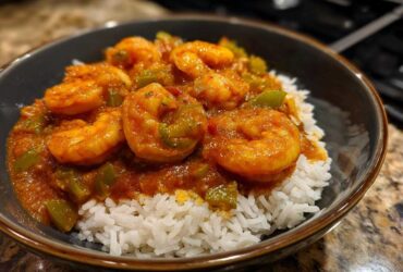 Close-up of a bowl of vibrant Shrimp Creole sauce with plump shrimp and green peppers served over fluffy white rice.