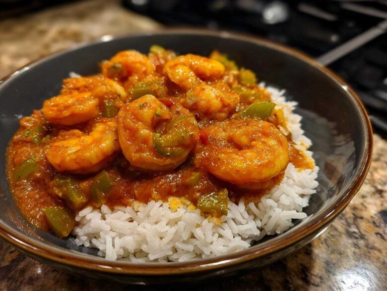 Close-up of a bowl of vibrant Shrimp Creole sauce with plump shrimp and green peppers served over fluffy white rice.