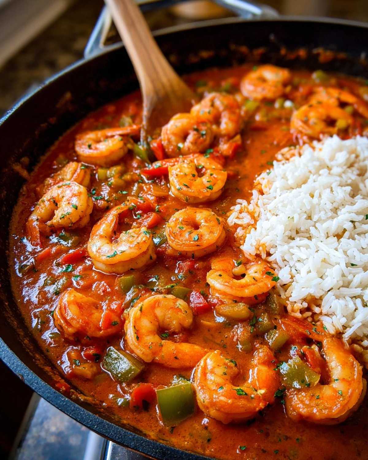 A close-up view of rich, red shrimp creole sauce filled with plump shrimp and green peppers, served alongside fluffy white rice in a dark skillet.