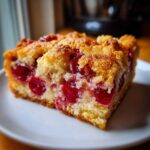 Close-up of a square slice of golden 3 ingredient cherry dump cake with visible bright red cherries.