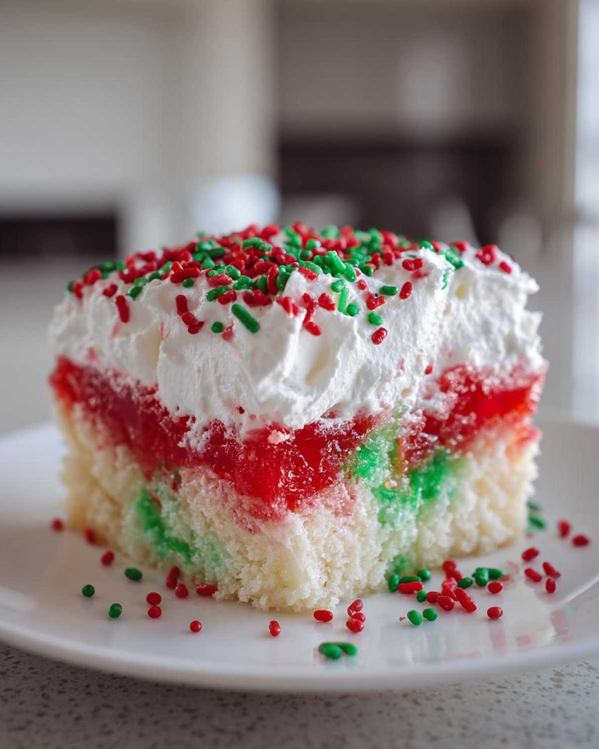 Close-up of a slice of moist christmas poke cake layered with red gelatin, topped with whipped cream and red and green sprinkles.