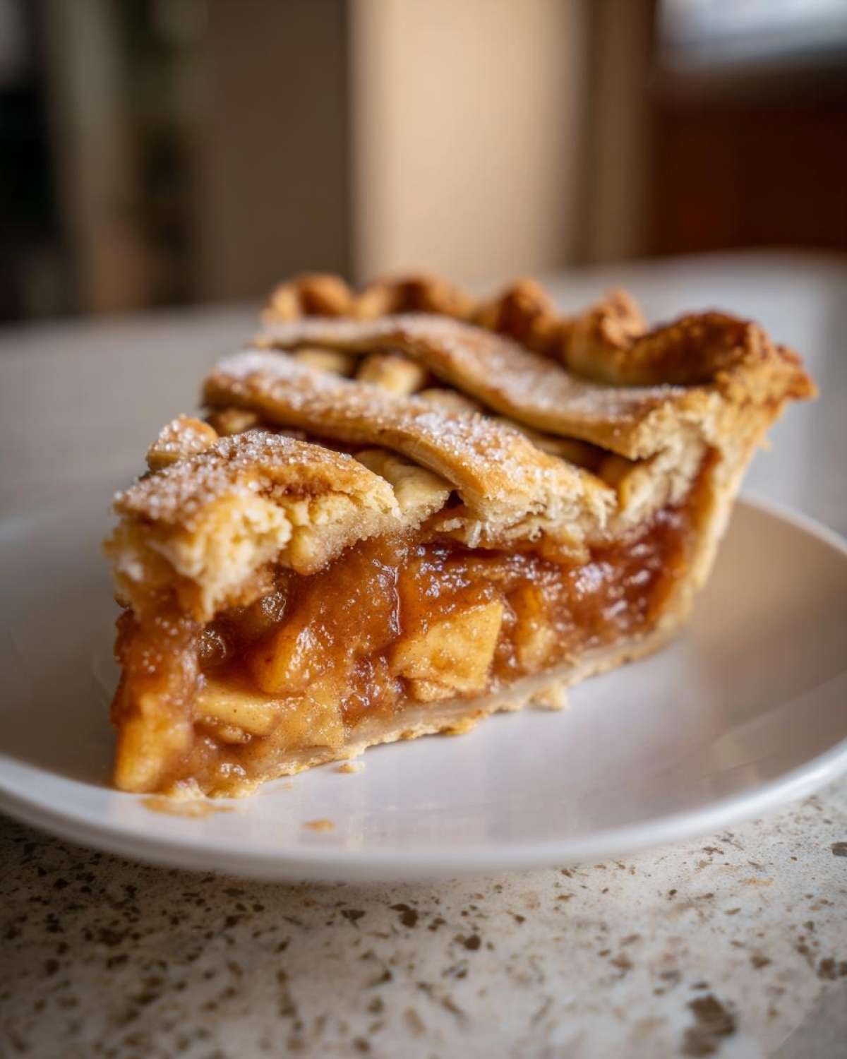 A close-up of a perfect slice of homemade apple pie featuring a lattice crust dusted with sugar.