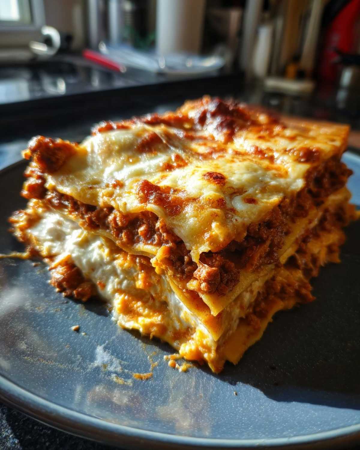 A thick, layered slice of homemade lasagna featuring rich meat sauce and melted cheese, served on a dark blue plate.