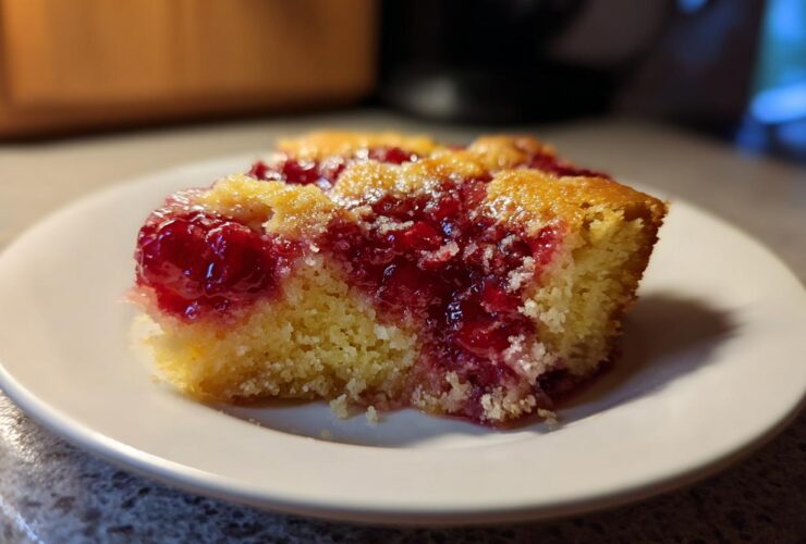 A close-up of a moist slice of cherry dump cake showing the bright red cherry topping and yellow cake base.