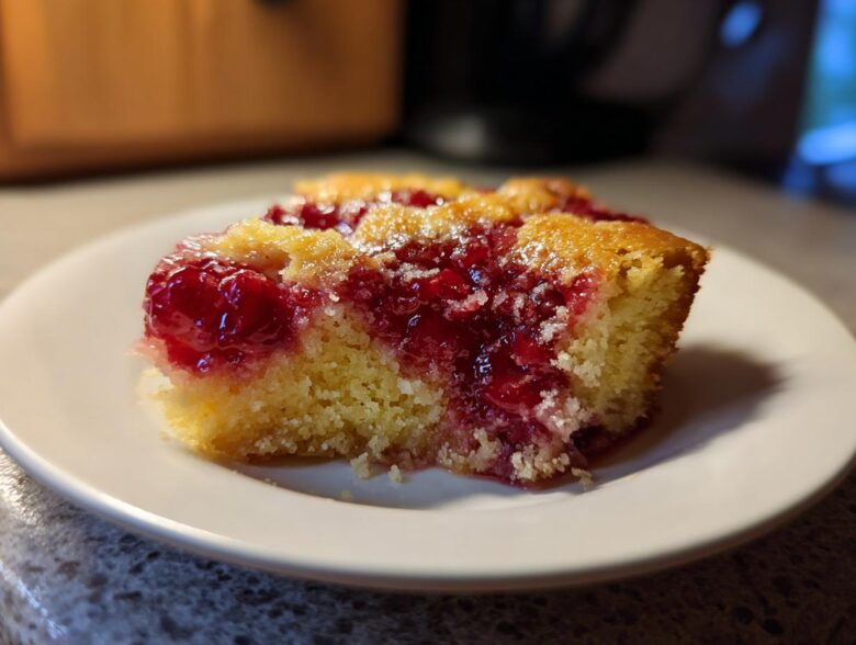A close-up of a moist slice of cherry dump cake showing the bright red cherry topping and yellow cake base.