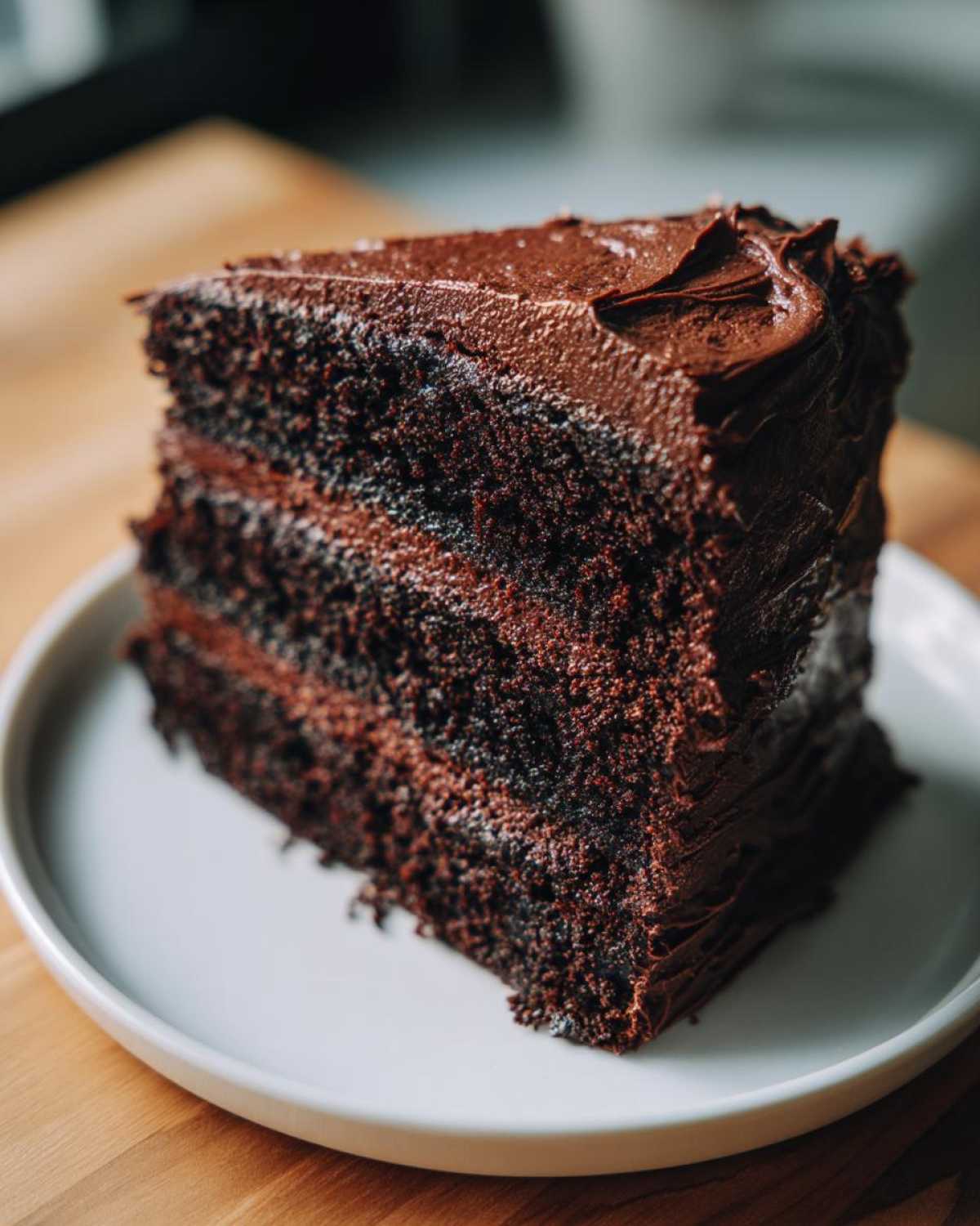 A decadent slice of three-layer chocolate cake recipe covered in thick chocolate frosting, sitting on a white plate.