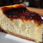 A close-up slice of creamy creme brulee cheesecake showing the rich, torched, caramelized sugar top and graham cracker crust.