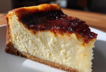A close-up slice of creamy creme brulee cheesecake showing the rich, torched, caramelized sugar top and graham cracker crust.