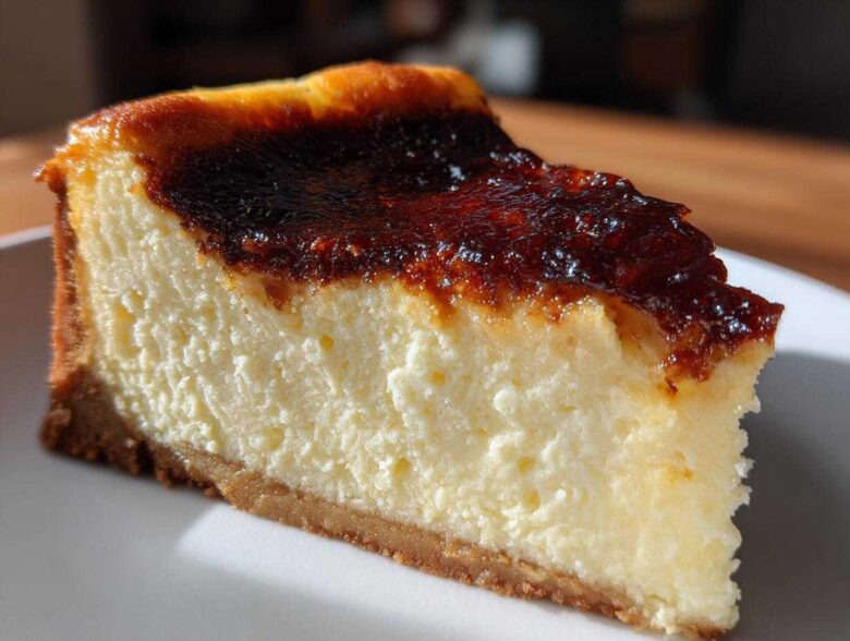 A close-up slice of creamy creme brulee cheesecake showing the rich, torched, caramelized sugar top and graham cracker crust.