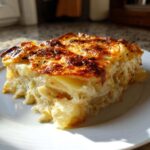 A thick, golden-brown slice of creamy scalloped potatoes with a beautifully caramelized top.