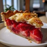 Close-up of a juicy slice of strawberry rhubarb pie showing bright red filling and flaky, golden top crust.