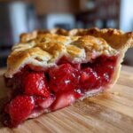 Close-up of a thick slice of strawberry rhubarb pie showing juicy red filling and flaky golden crust.