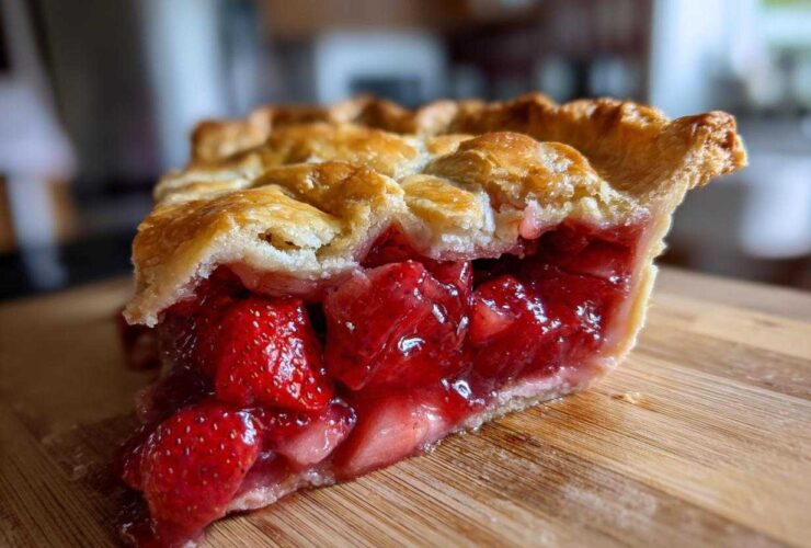 Close-up of a thick slice of strawberry rhubarb pie showing juicy red filling and flaky golden crust.