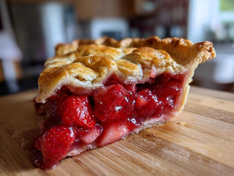 Close-up of a thick slice of strawberry rhubarb pie showing juicy red filling and flaky golden crust.