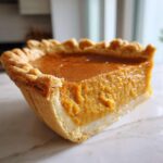 Close-up of a thick, perfectly baked slice of sweet potato pie showing the orange filling and flaky crust.