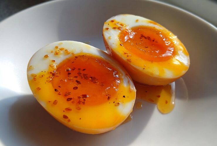 Two halves of soft-boiled marinated eggs showing jammy orange yolks, sprinkled with seasoning flakes.
