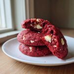 A stack of three soft red velvet cookies, one broken open to show white chocolate chips inside.