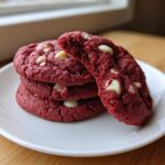 A stack of soft, vibrant red velvet cookies studded with white chocolate chips, resting on a white plate.