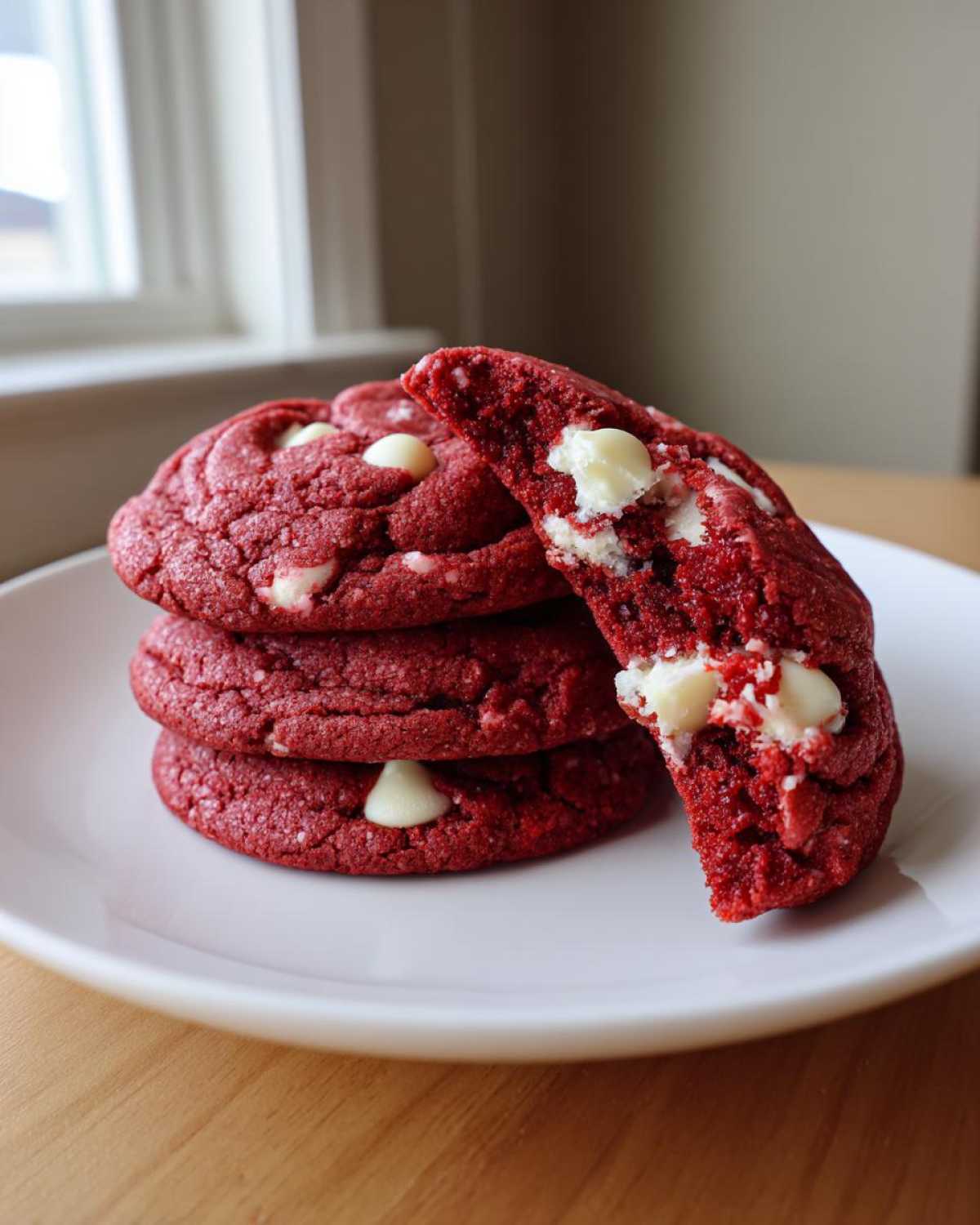 A stack of soft, vibrant red velvet cookies featuring melted white chocolate chips, with one cookie broken open.