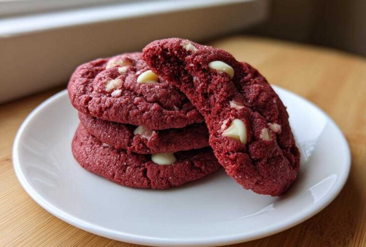 A stack of soft, vibrant red velvet cookies studded with white chocolate chips, resting on a white plate.