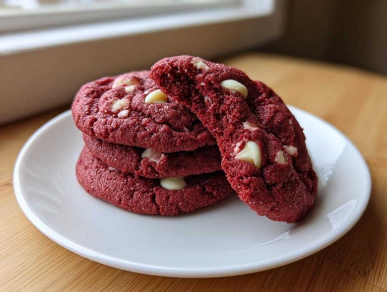 A stack of soft, vibrant red velvet cookies studded with white chocolate chips, resting on a white plate.