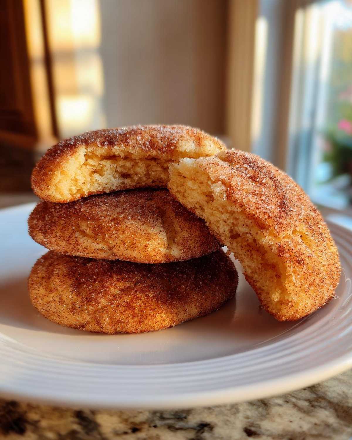 A stack of three soft, thick snickerdoodle cookies, one broken open to show the fluffy interior coated in cinnamon sugar.