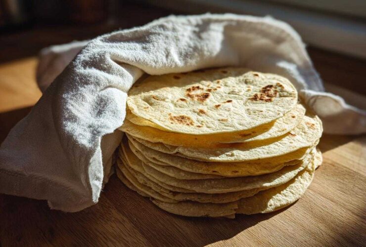 A warm stack of freshly made corn tortillas wrapped partially in a white cloth on a wooden surface.