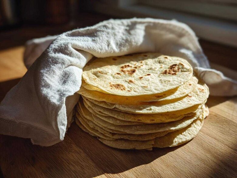A warm stack of freshly made corn tortillas wrapped partially in a white cloth on a wooden surface.