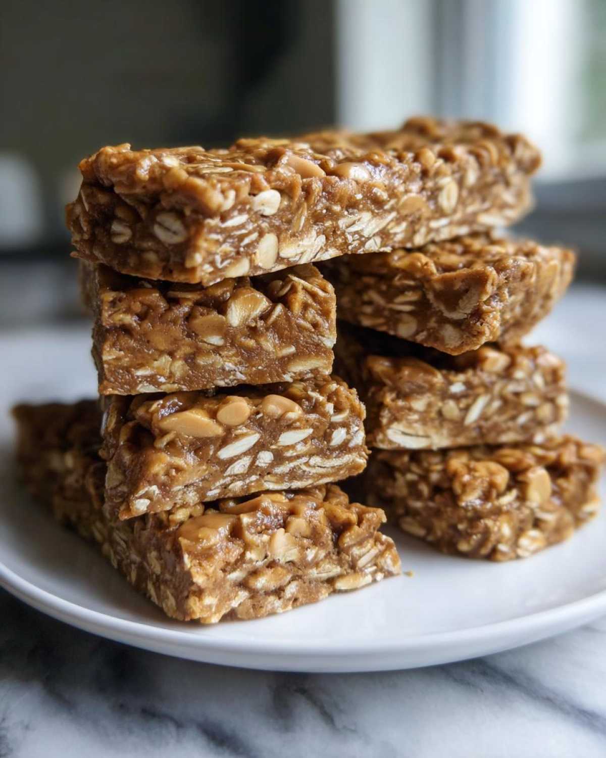 A stack of homemade peanut butter and oat protein bars piled high on a white plate.
