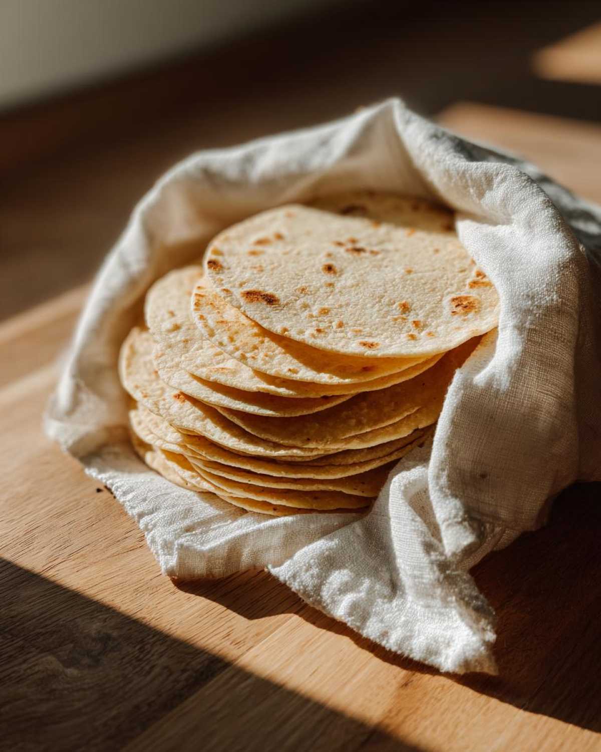 A warm stack of freshly made corn tortillas wrapped partially in a white cloth on a wooden surface.