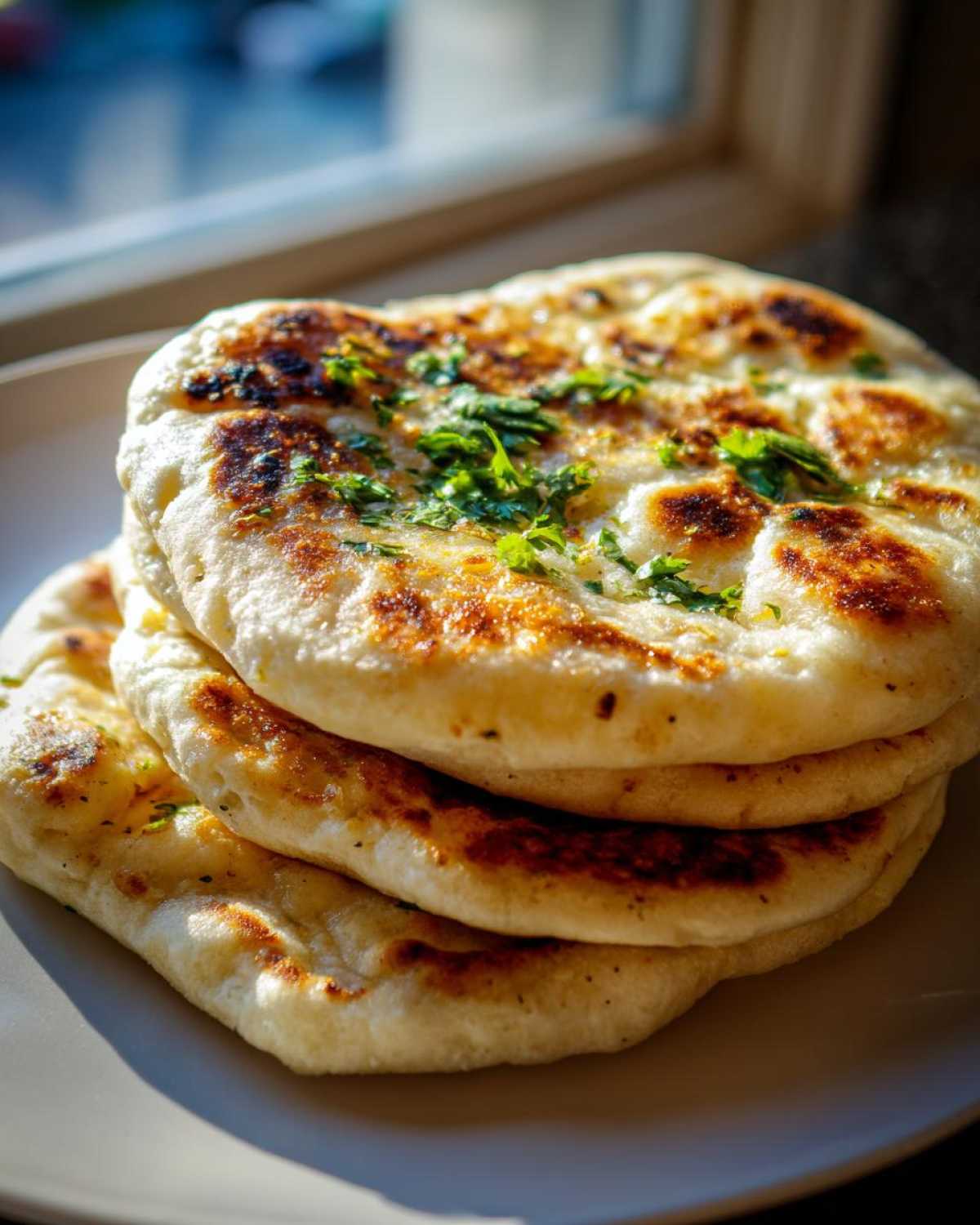 A stack of three fluffy, golden-brown naan bread pieces topped with fresh green herbs.