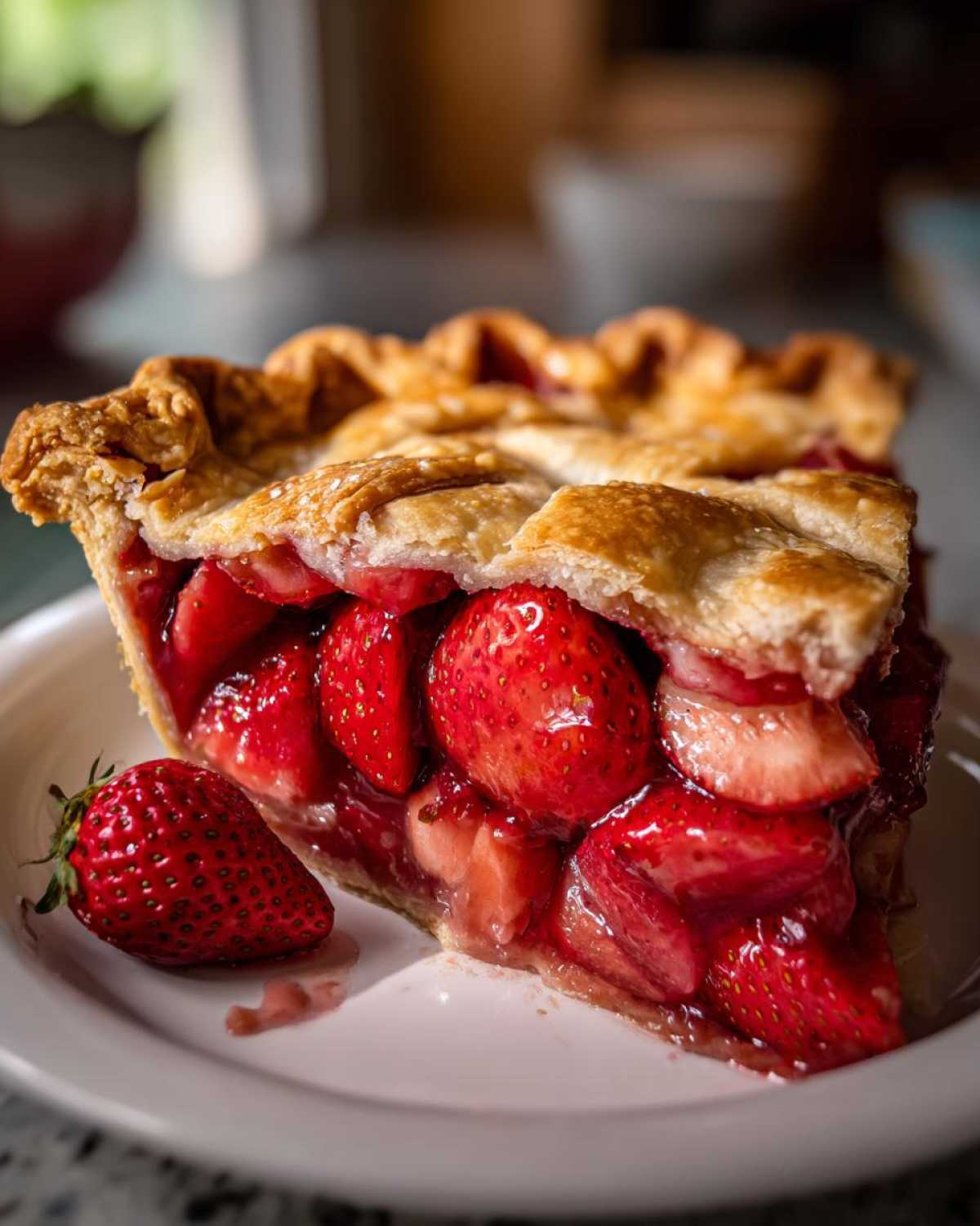 Close-up of a juicy slice of strawberry rhubarb pie showing whole strawberries and flaky crust, with a fresh strawberry beside it.