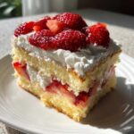 A close-up of a square slice of strawberry shortcake trifle featuring layers of yellow cake, whipped cream, and fresh strawberries.