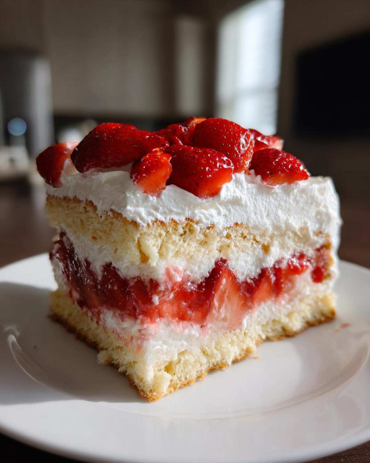 A thick slice of strawberry shortcake trifle showing layers of sponge cake, whipped cream, and macerated strawberries.