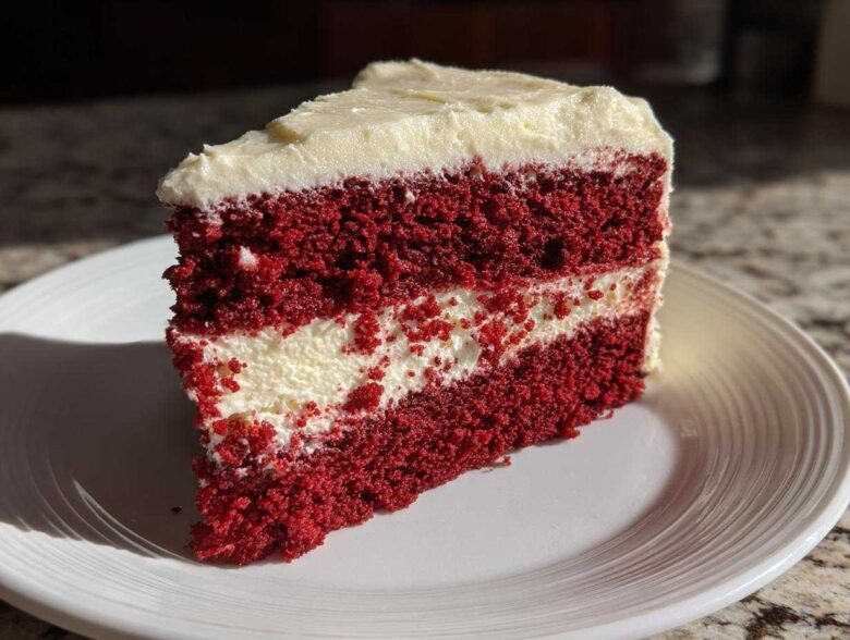 A perfect slice of red velvet cheesecake with deep red layers and creamy white filling, served on a white plate.