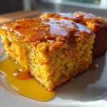 Two slices of moist sweet potato cornbread topped with a thick, glossy orange glaze, served on a white plate.