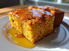 Two slices of moist sweet potato cornbread topped with a thick, glossy orange glaze, served on a white plate.