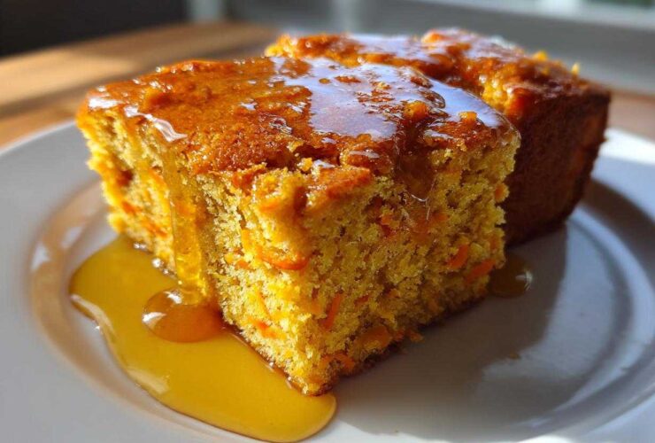 Two slices of moist sweet potato cornbread topped with a thick, glossy orange glaze, served on a white plate.