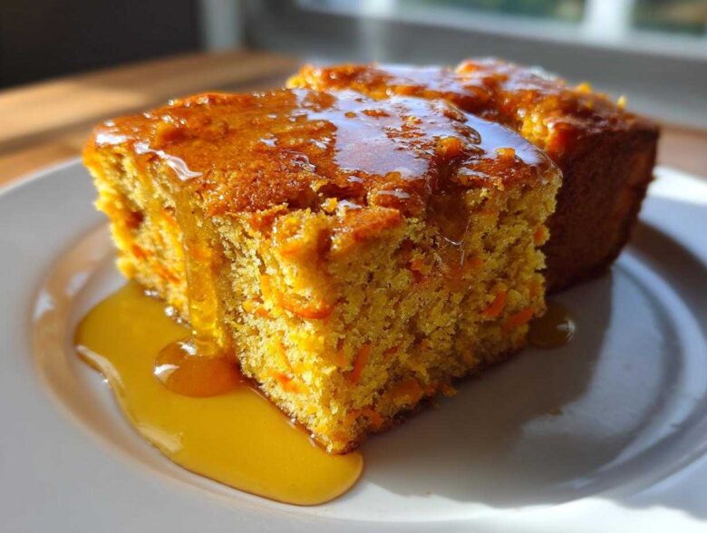 Two slices of moist sweet potato cornbread topped with a thick, glossy orange glaze, served on a white plate.