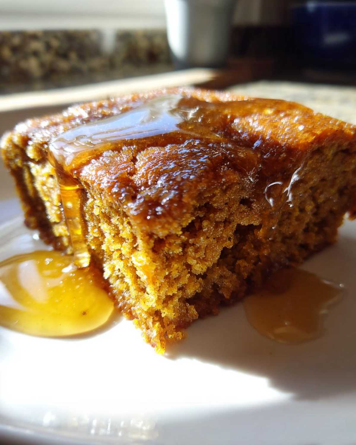 Close-up of a moist slice of sweet potato cornbread drizzled generously with golden honey.