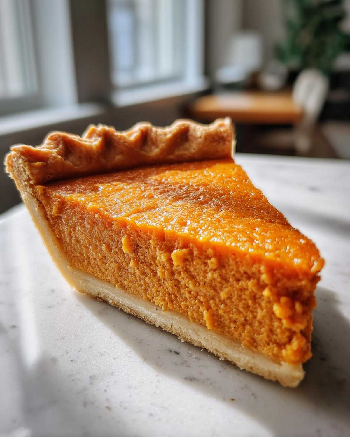 A close-up, sunlit slice of rich orange sweet potato pie resting on a white marble surface.