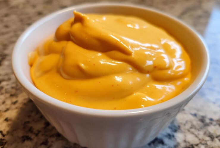 A close-up of thick, vibrant orange nacho cheese sauce in a small white bowl.