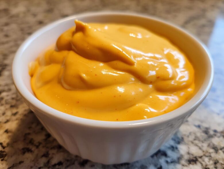 A close-up of thick, vibrant orange nacho cheese sauce in a small white bowl.