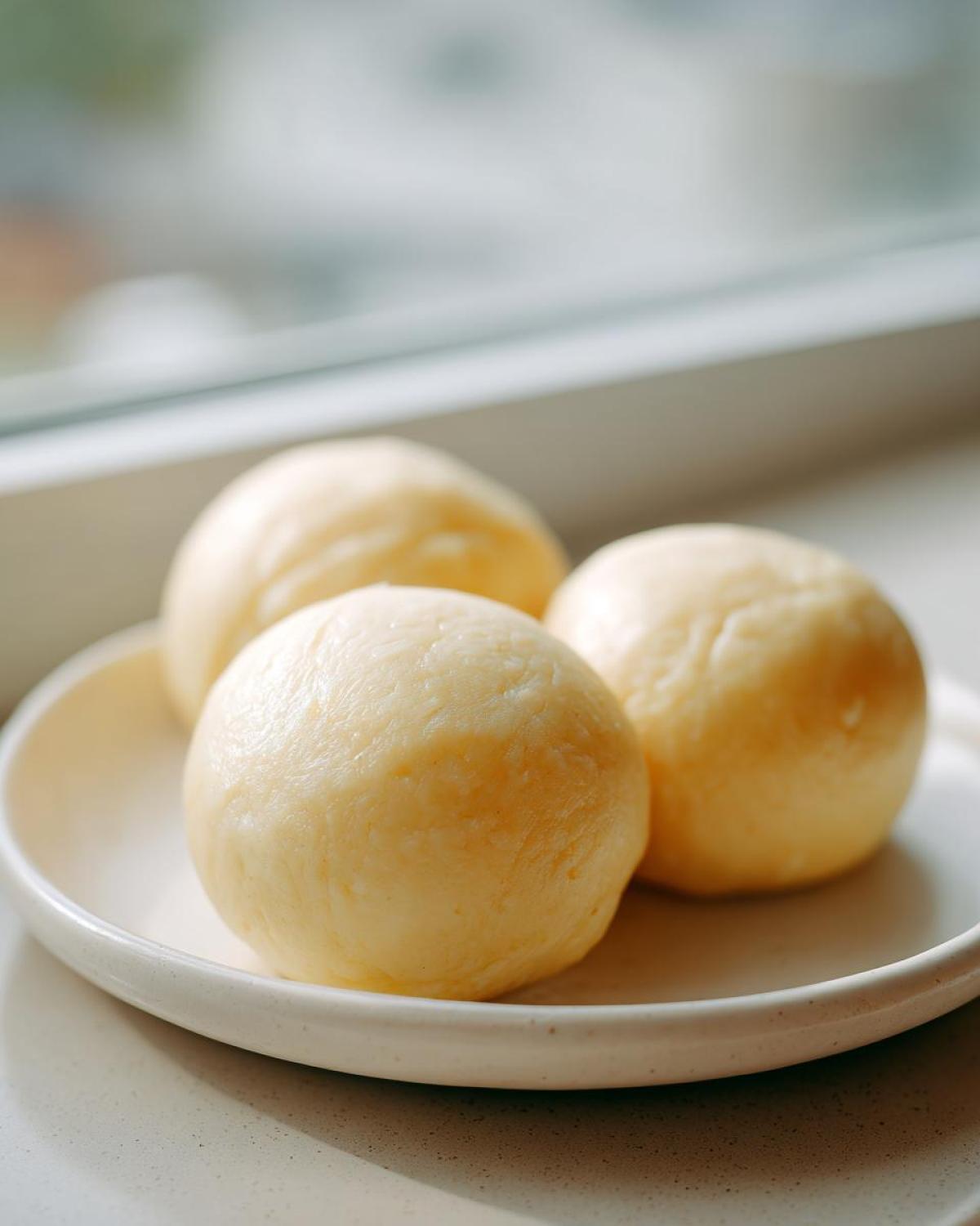 Three perfectly shaped, smooth balls of light yellow fufu resting on a small white plate near a window.