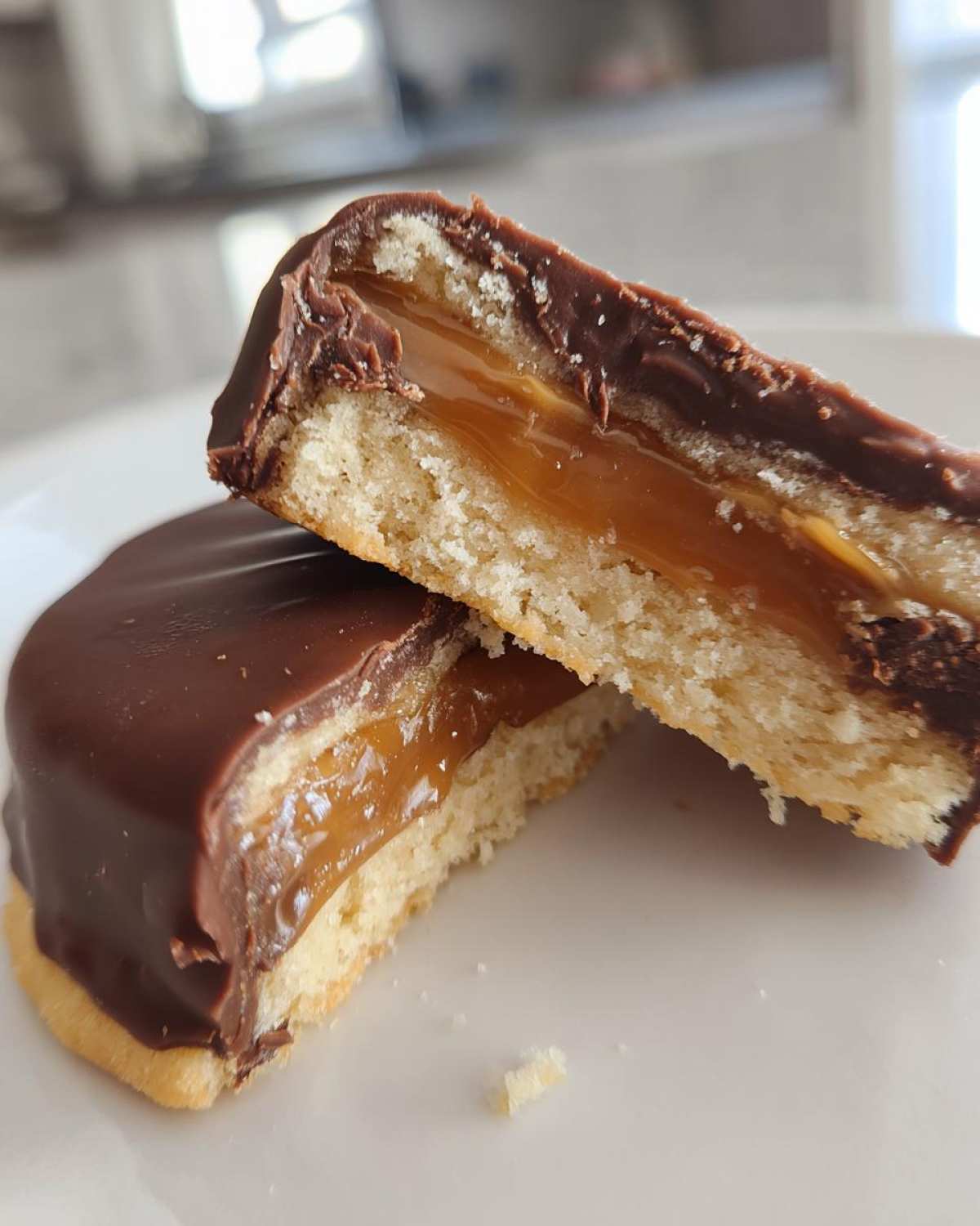 Close-up of a twix cookies cut in half showing shortbread, caramel filling, and chocolate coating.