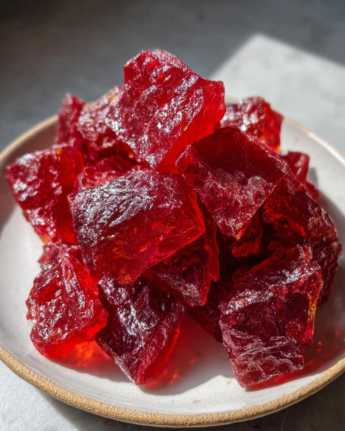 Close-up of vibrant, deep red, jagged pieces of homemade cinnamon rock candy piled on a small ceramic plate.