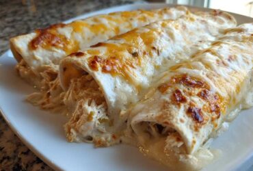 Three rolled white chicken enchiladas covered in creamy sauce and browned cheese on a white plate.